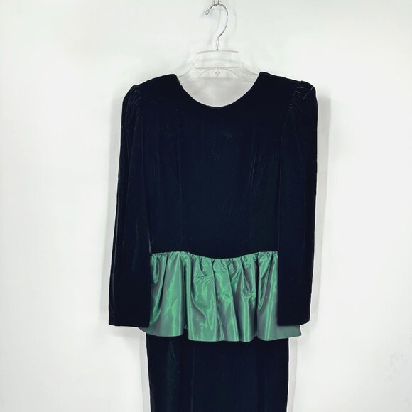 vintage 80s BLACK GREEN VELVET DRESS holiday christmas midi party handmade S - Picture 3 of 7